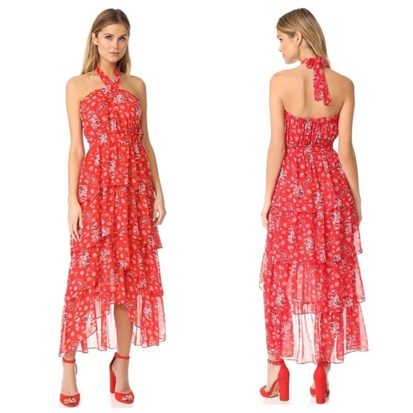 NEW MISA Los Angeles Halter Neck Ruffle Tiered Floral Maxi Dress Red Boho Summer - Picture 6 of 16